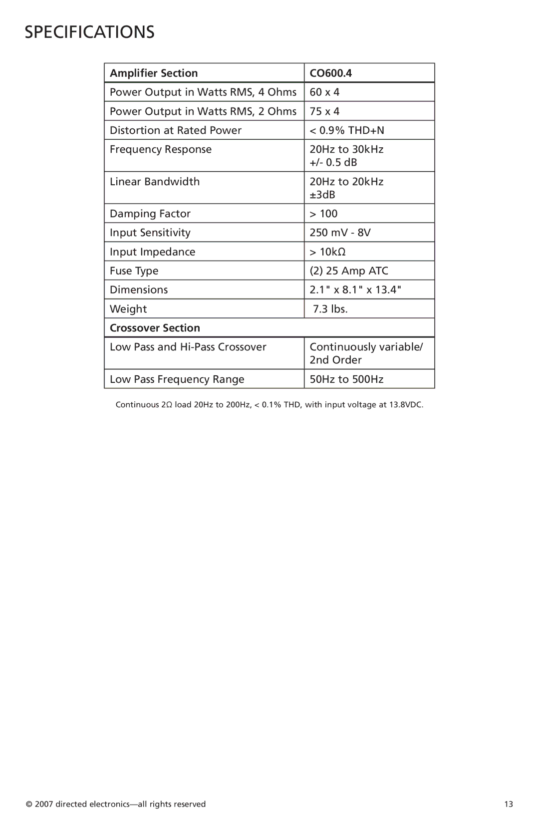 Orion G42110 owner manual Specifications, Amplifier Section CO600.4, Crossover Section 