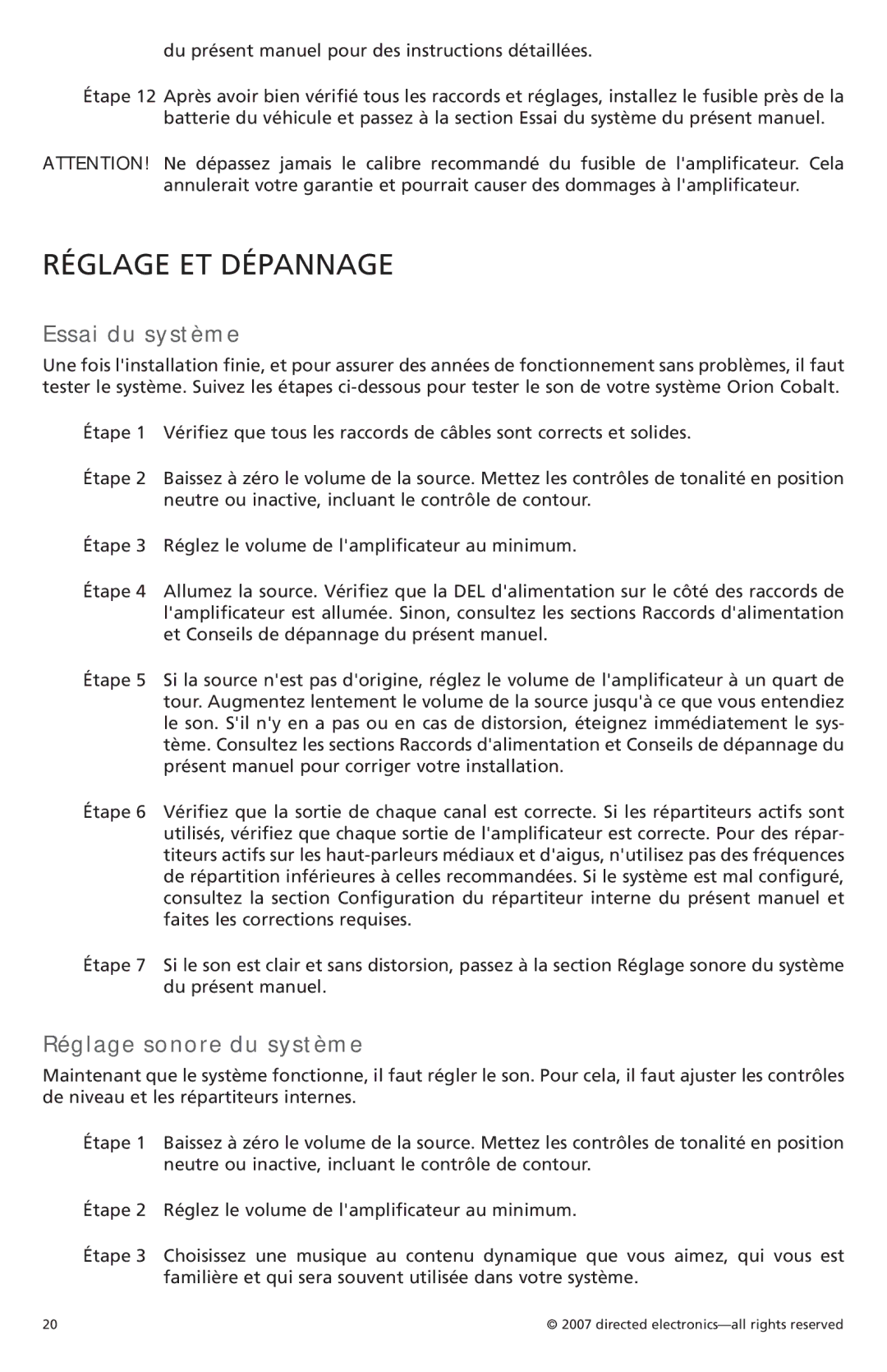 Orion G42110 owner manual Réglage ET Dépannage, Essai du système, Réglage sonore du système 