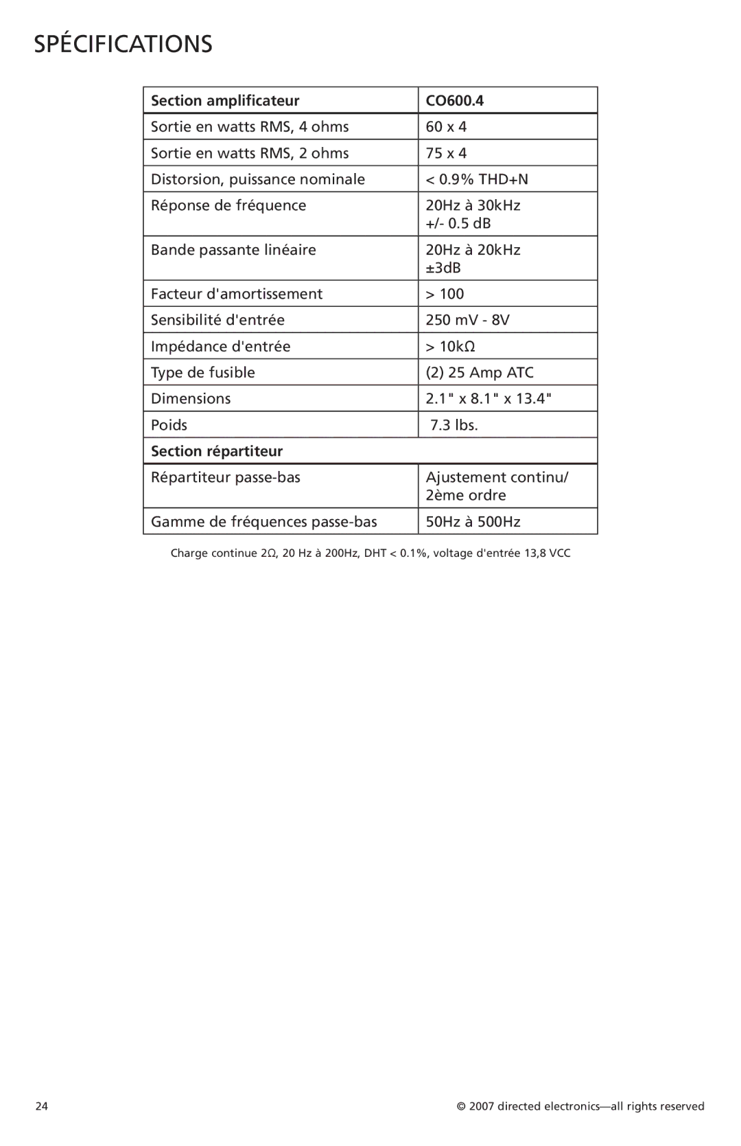 Orion G42110 owner manual Spécifications, Section amplificateur CO600.4, Section répartiteur 