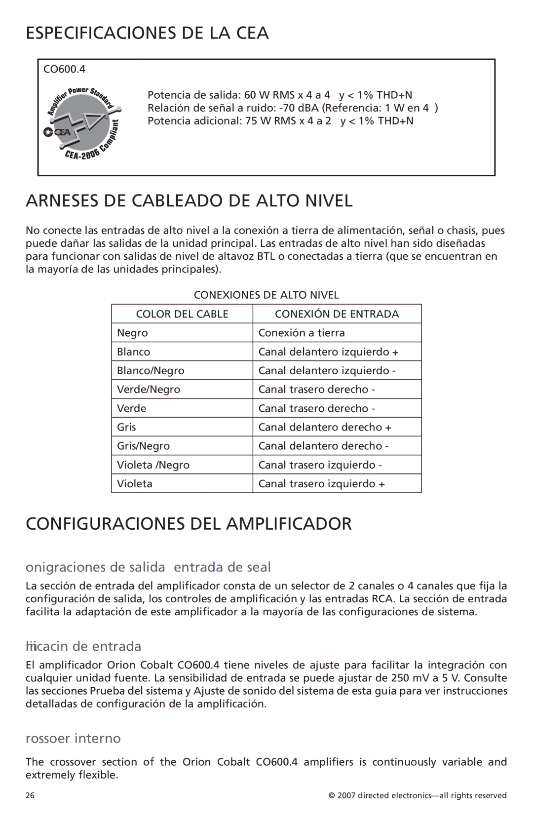 Orion G42110 owner manual Especificaciones de la CEA, Arneses DE Cableado DE Alto Nivel, Configuraciones del amplificador 