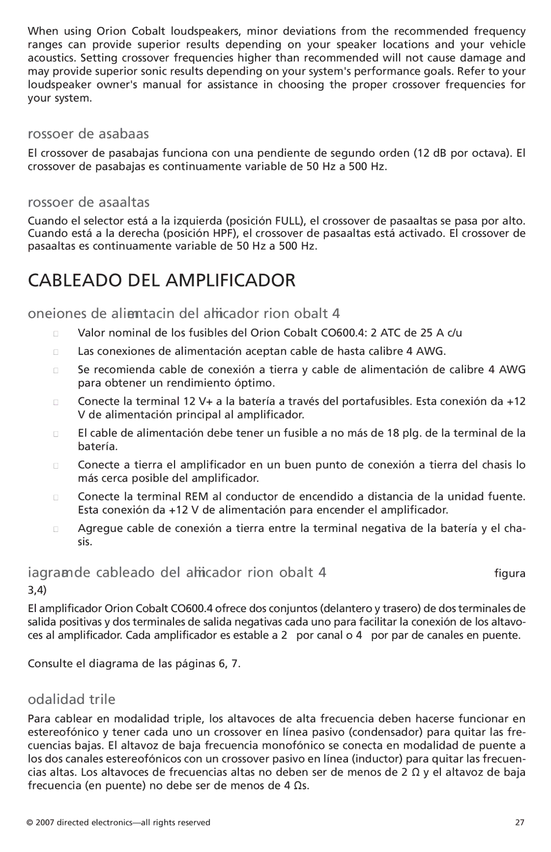 Orion G42110 owner manual Cableado del amplificador, Crossover de pasabajas, Crossover de pasaaltas, Modalidad triple 