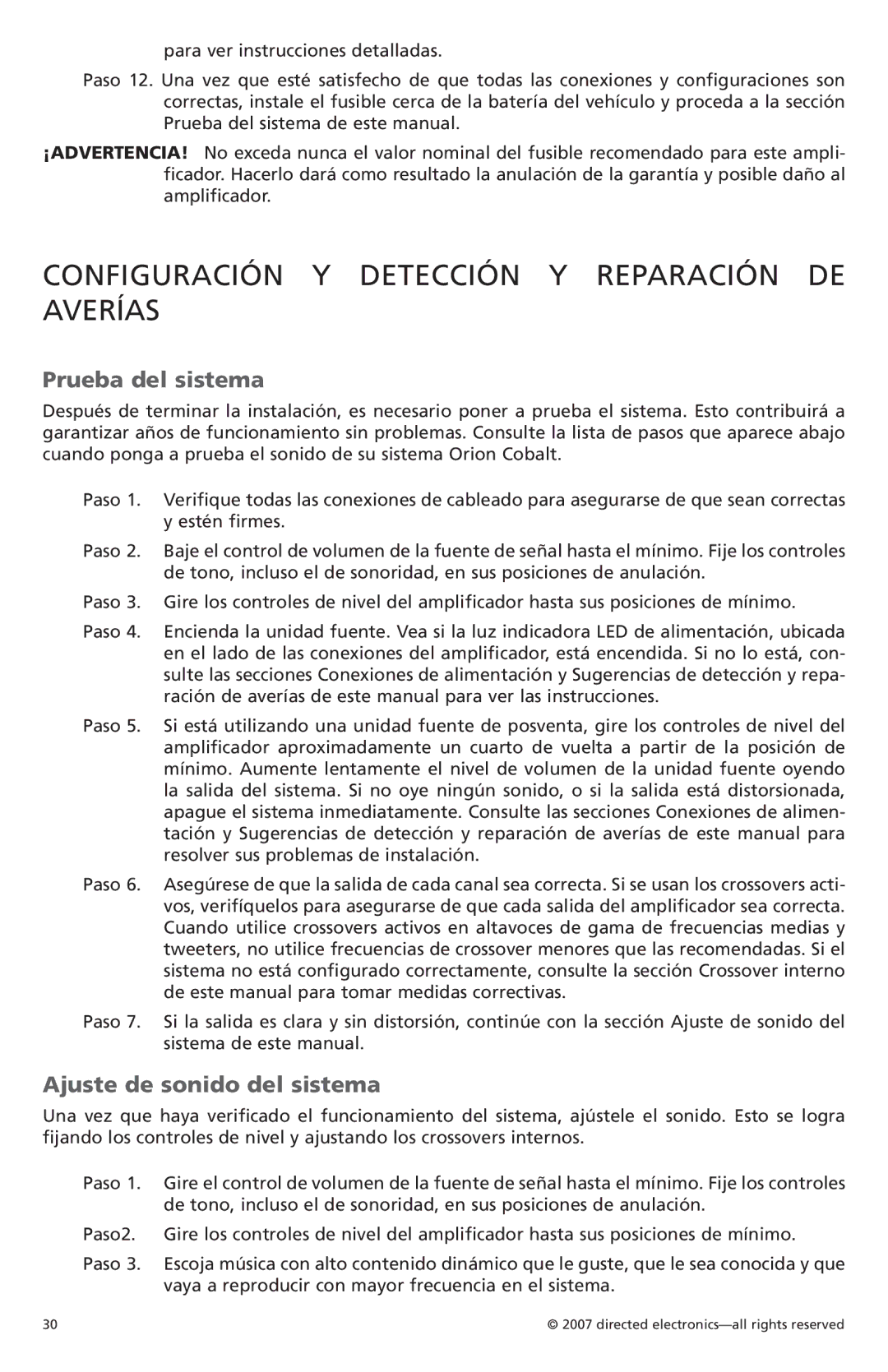 Orion G42110 Configuración y detección y reparación de averías, Prueba del sistema, Ajuste de sonido del sistema 