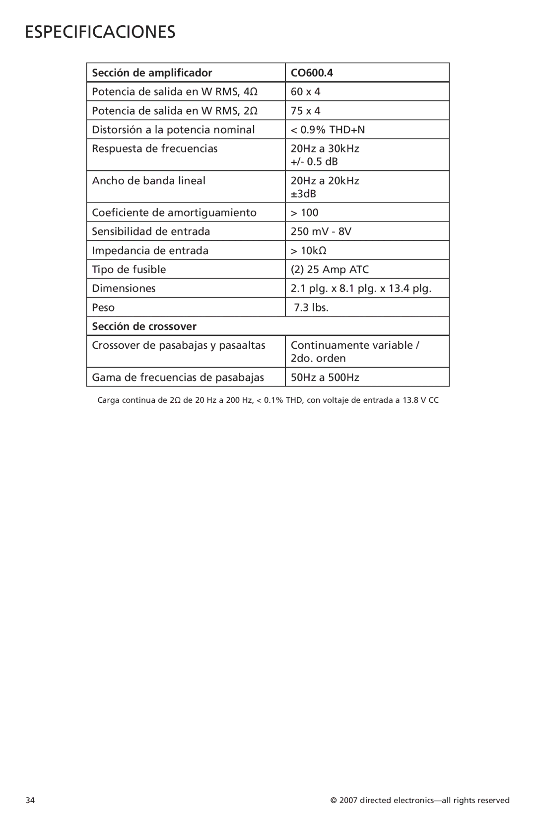 Orion G42110 owner manual Especificaciones, Sección de amplificador CO600.4, Sección de crossover 