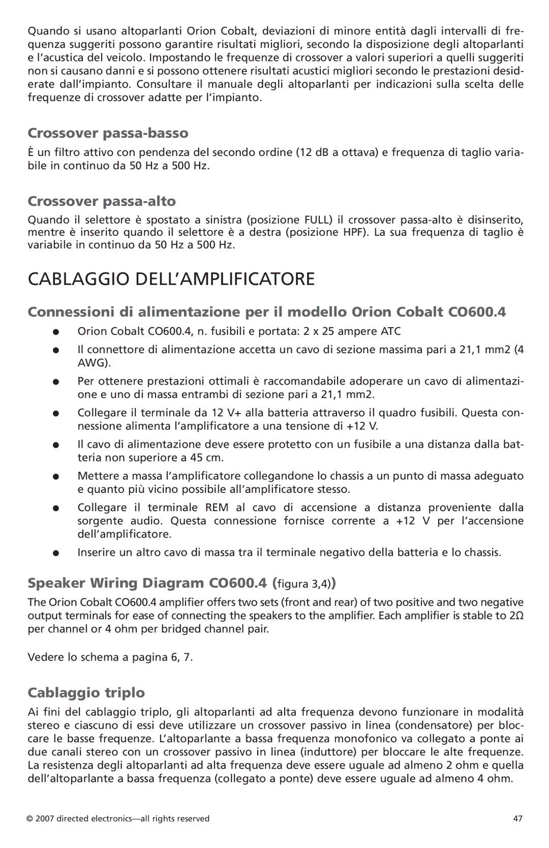 Orion G42110 owner manual Cablaggio dell’amplificatore, Crossover passa-basso, Crossover passa-alto, Cablaggio triplo 