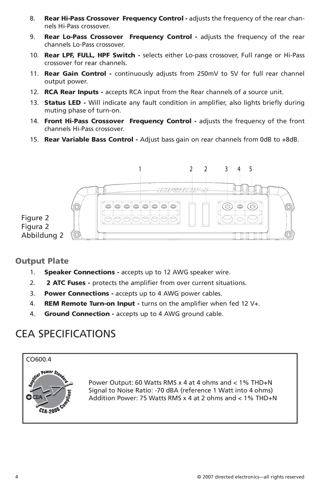 Orion G42110 owner manual CEA Specifications, Output Plate 