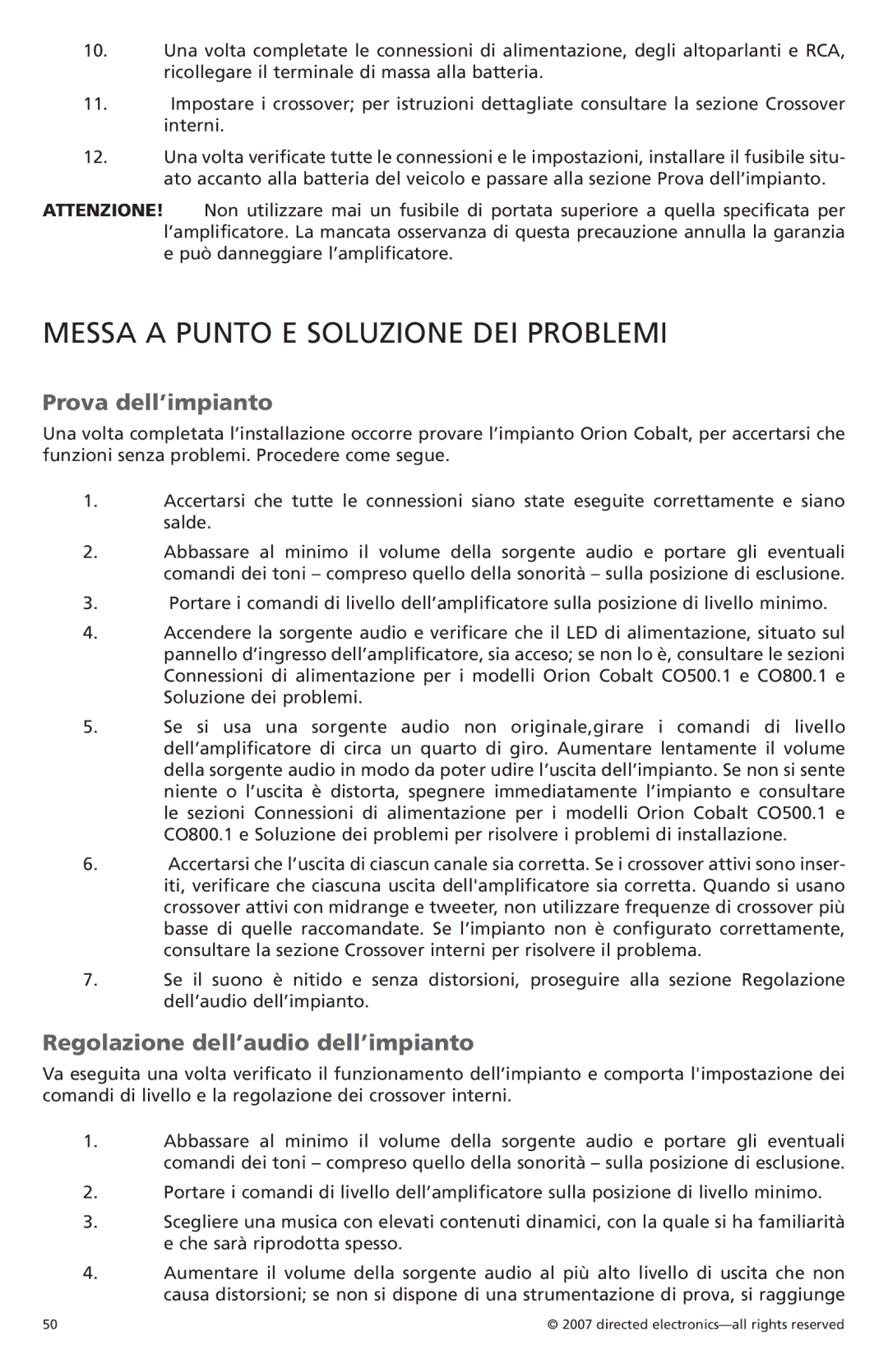 Orion G42110 owner manual Messa a punto e soluzione dei problemi, Prova dell’impianto, Regolazione dell’audio dell’impianto 