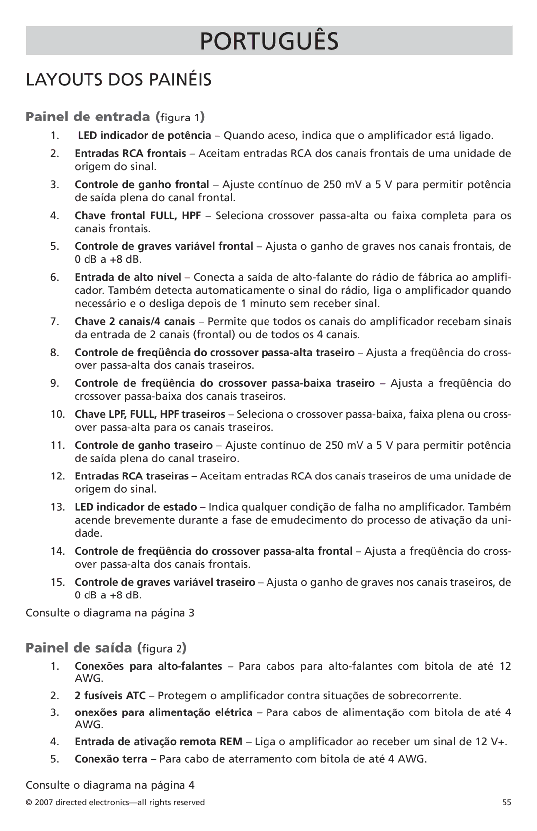 Orion G42110 owner manual Layouts dos painéis, Painel de entrada figura, Painel de saída figura 