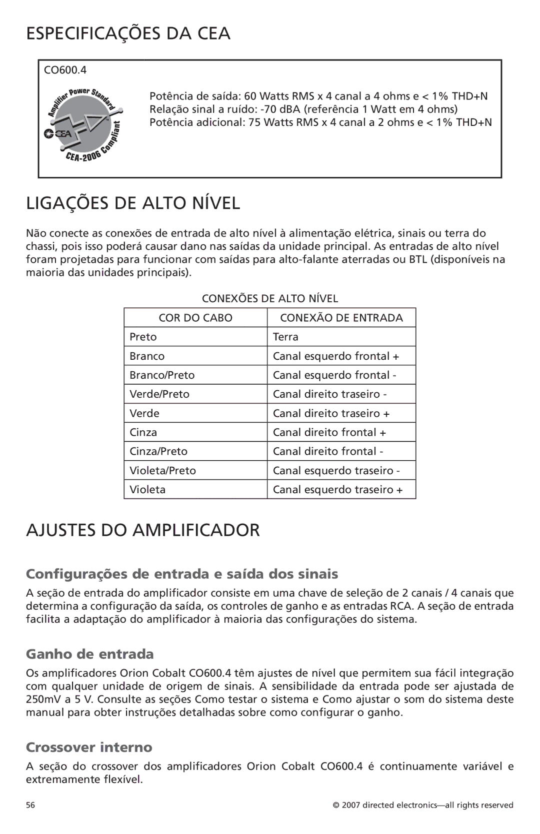 Orion G42110 owner manual Especificações da CEA, Ligações DE Alto Nível, Ajustes do amplificador, Ganho de entrada 