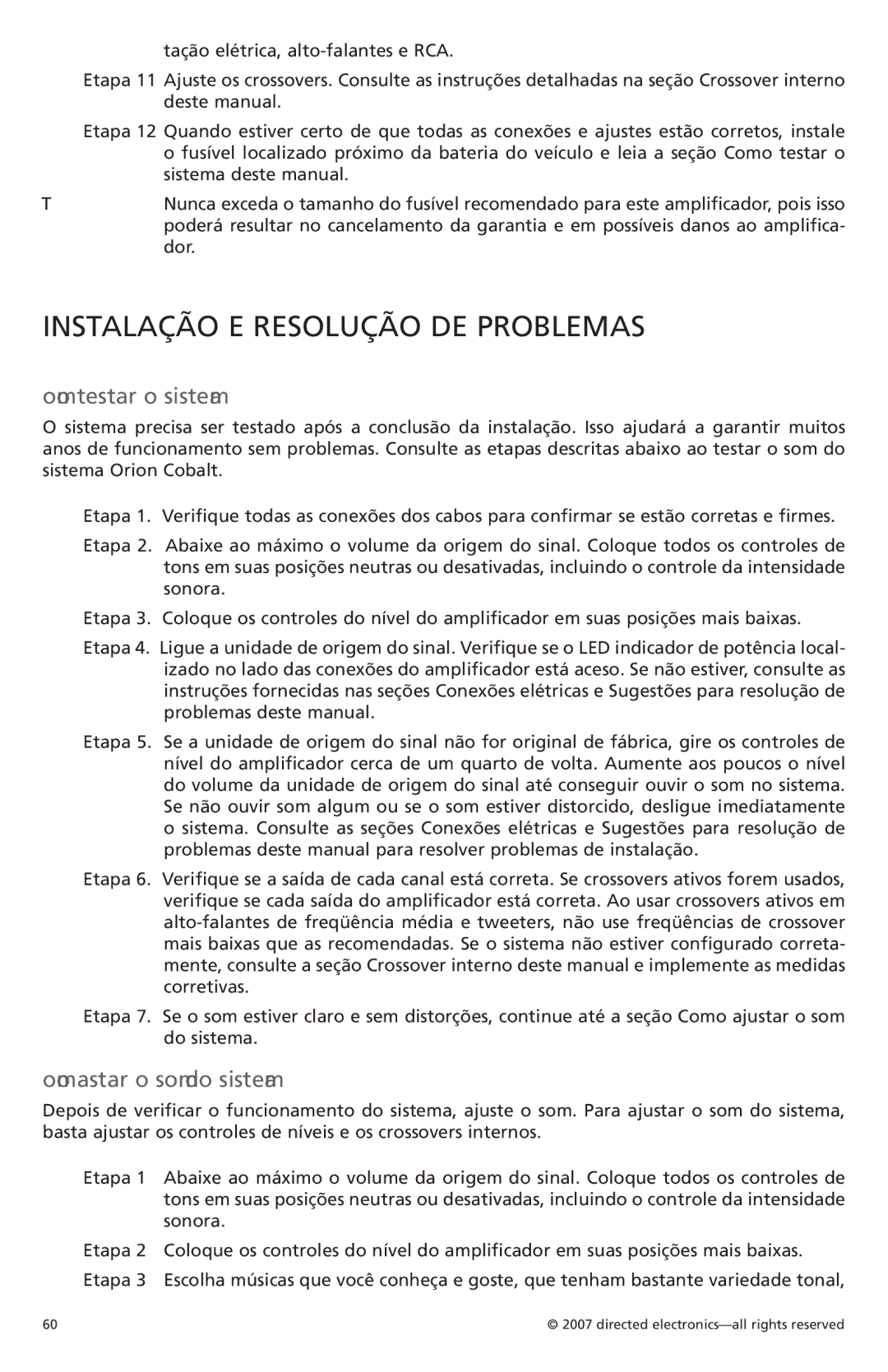 Orion G42110 owner manual Instalação e resolução de problemas, Como testar o sistema, Como ajustar o som do sistema 