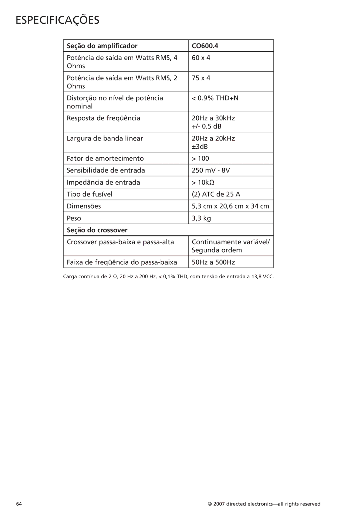 Orion G42110 owner manual Especificações, Seção do amplificador CO600.4, Seção do crossover 