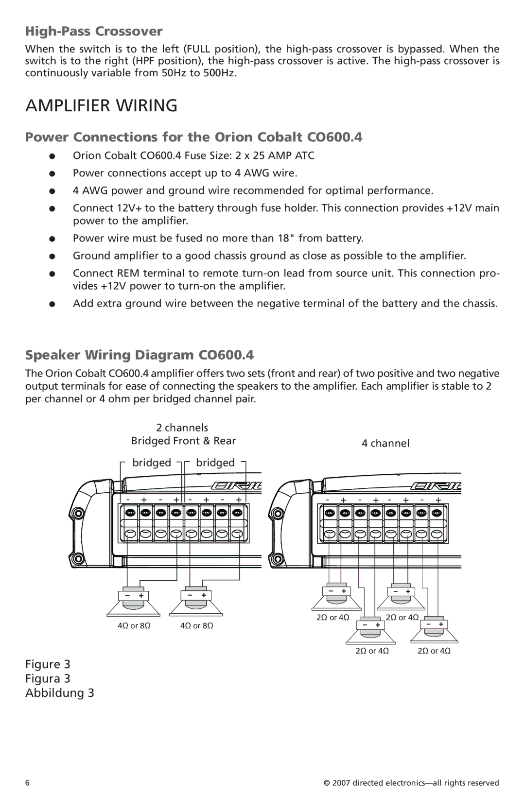 Orion G42110 owner manual Amplifier Wiring, High-Pass Crossover, Power Connections for the Orion Cobalt CO600.4 