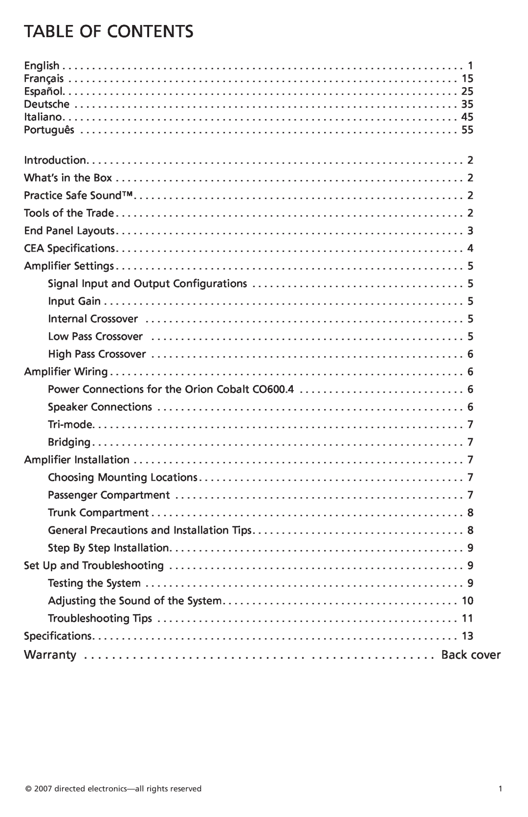 Orion G42110 owner manual Table Of Contents 