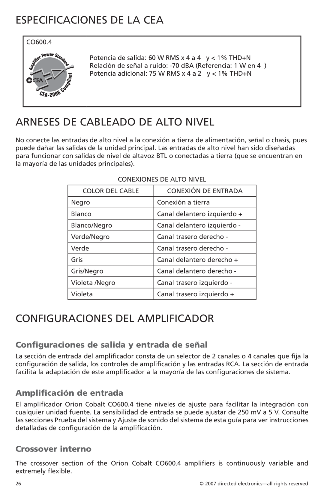 Orion G42110 owner manual Especificaciones de la CEA, Arneses De Cableado De Alto Nivel, Configuraciones del amplificador 