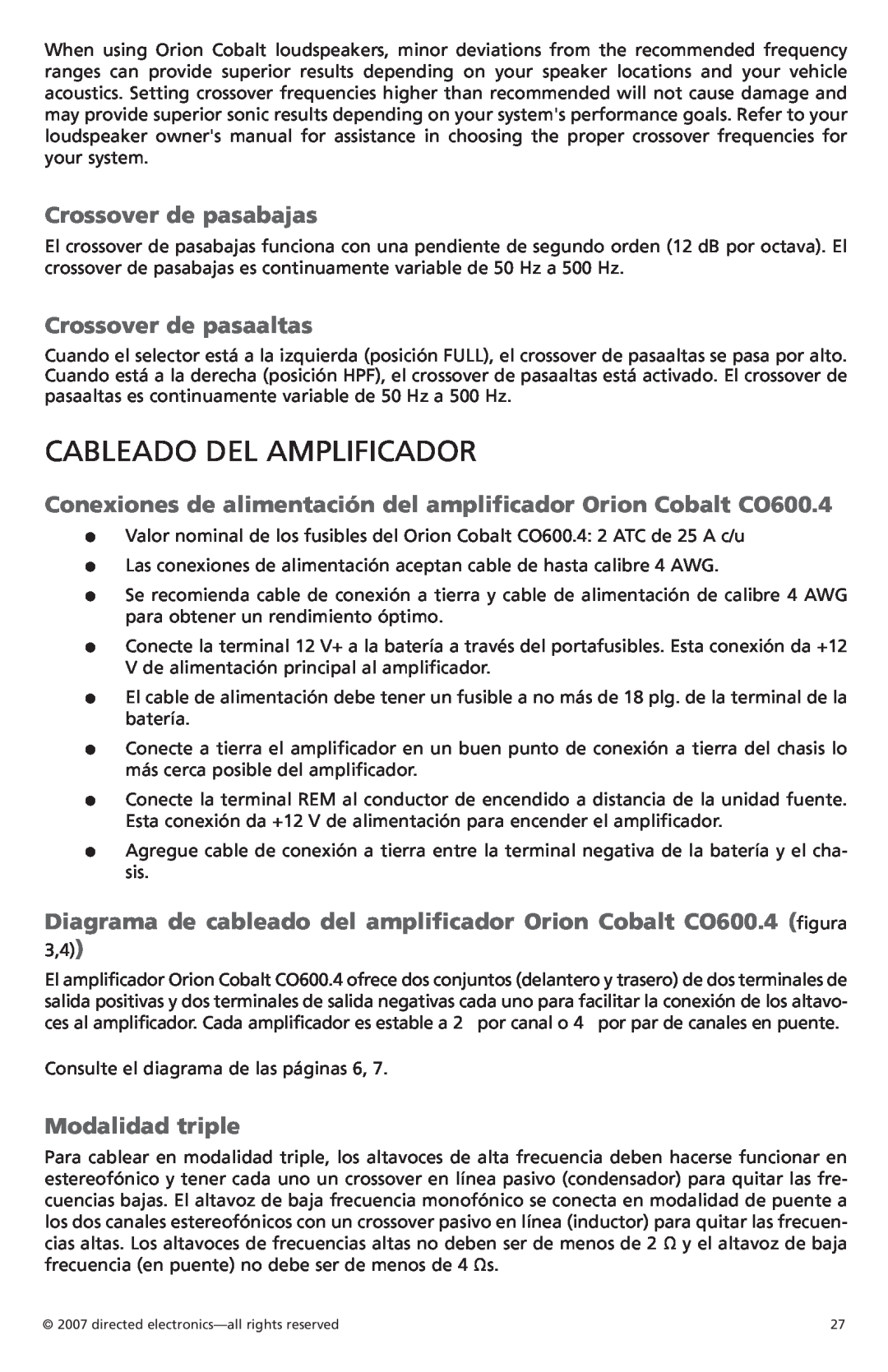 Orion G42110 owner manual Cableado del amplificador, Crossover de pasabajas, Crossover de pasaaltas, Modalidad triple 