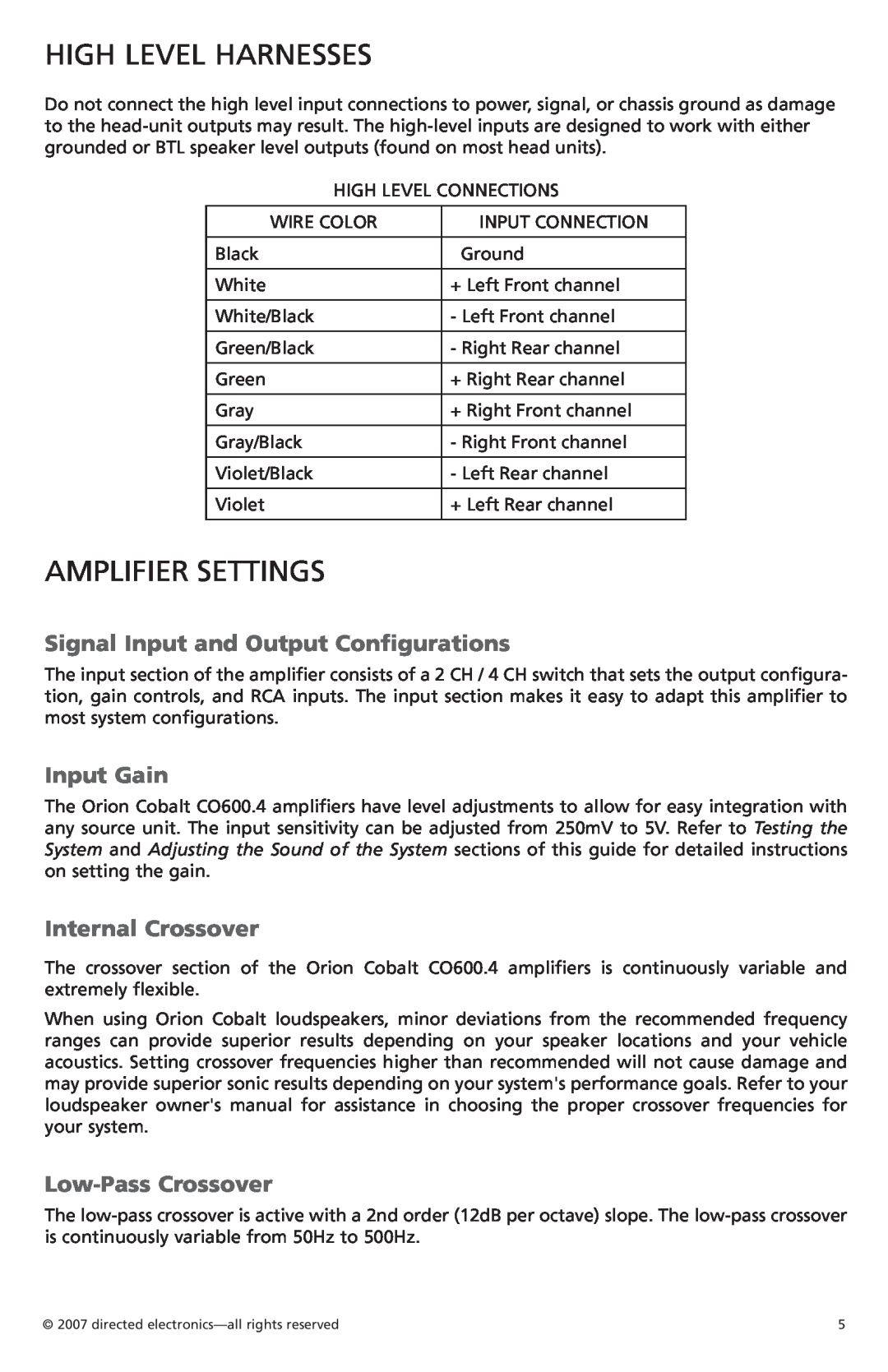 Orion G42110 owner manual High Level Harnesses, Amplifier Settings, Signal Input and Output Configurations, Input Gain 