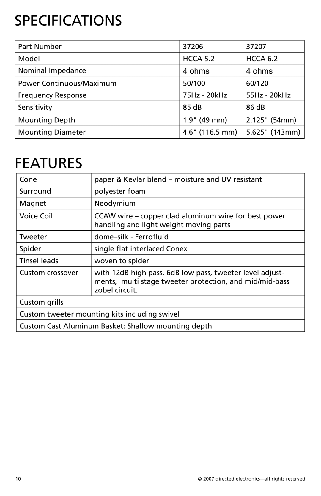 Orion HCCA 5.2, HCCA 6.2 manual Specifications, Features 