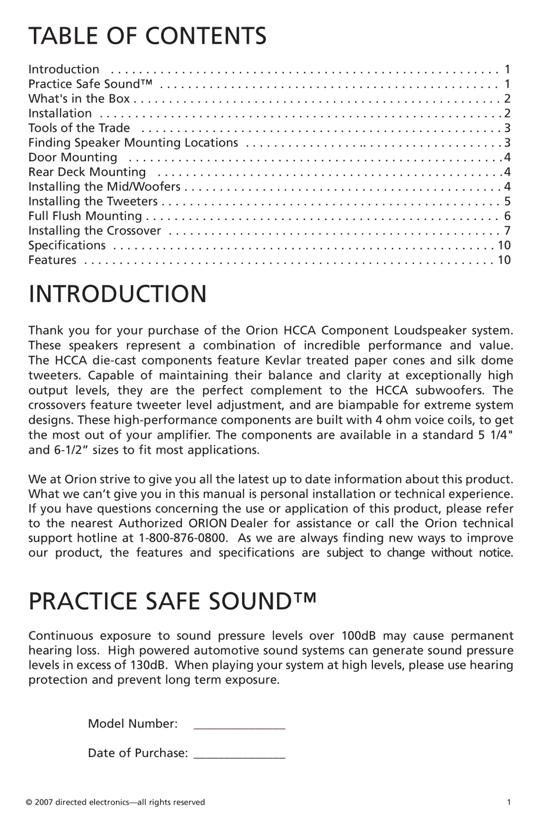 Orion HCCA 6.2, HCCA 5.2 manual Table of Contents, Introduction, Practice Safe Sound 