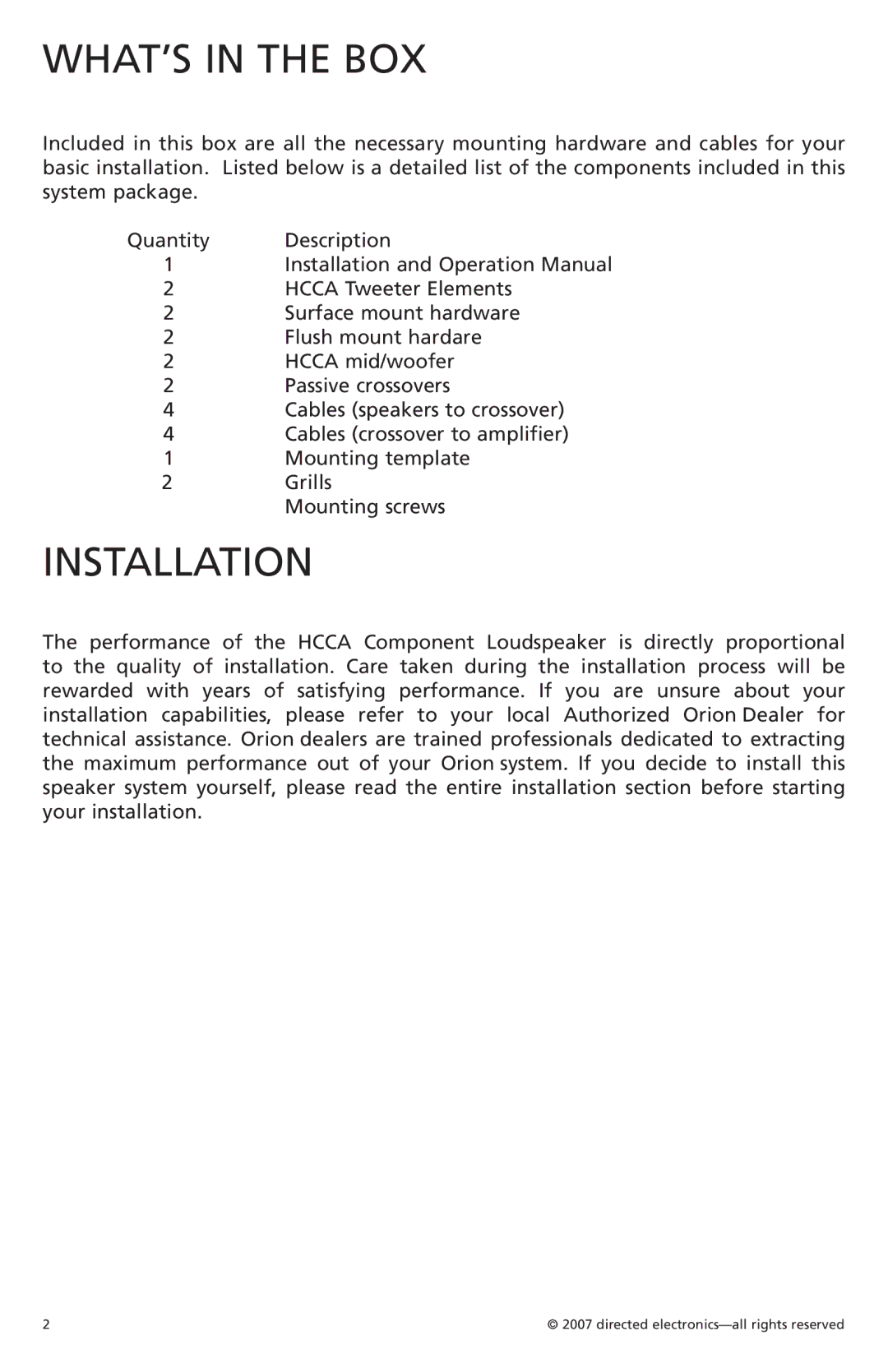 Orion HCCA 5.2, HCCA 6.2 manual WHAT’S in the BOX, Installation 