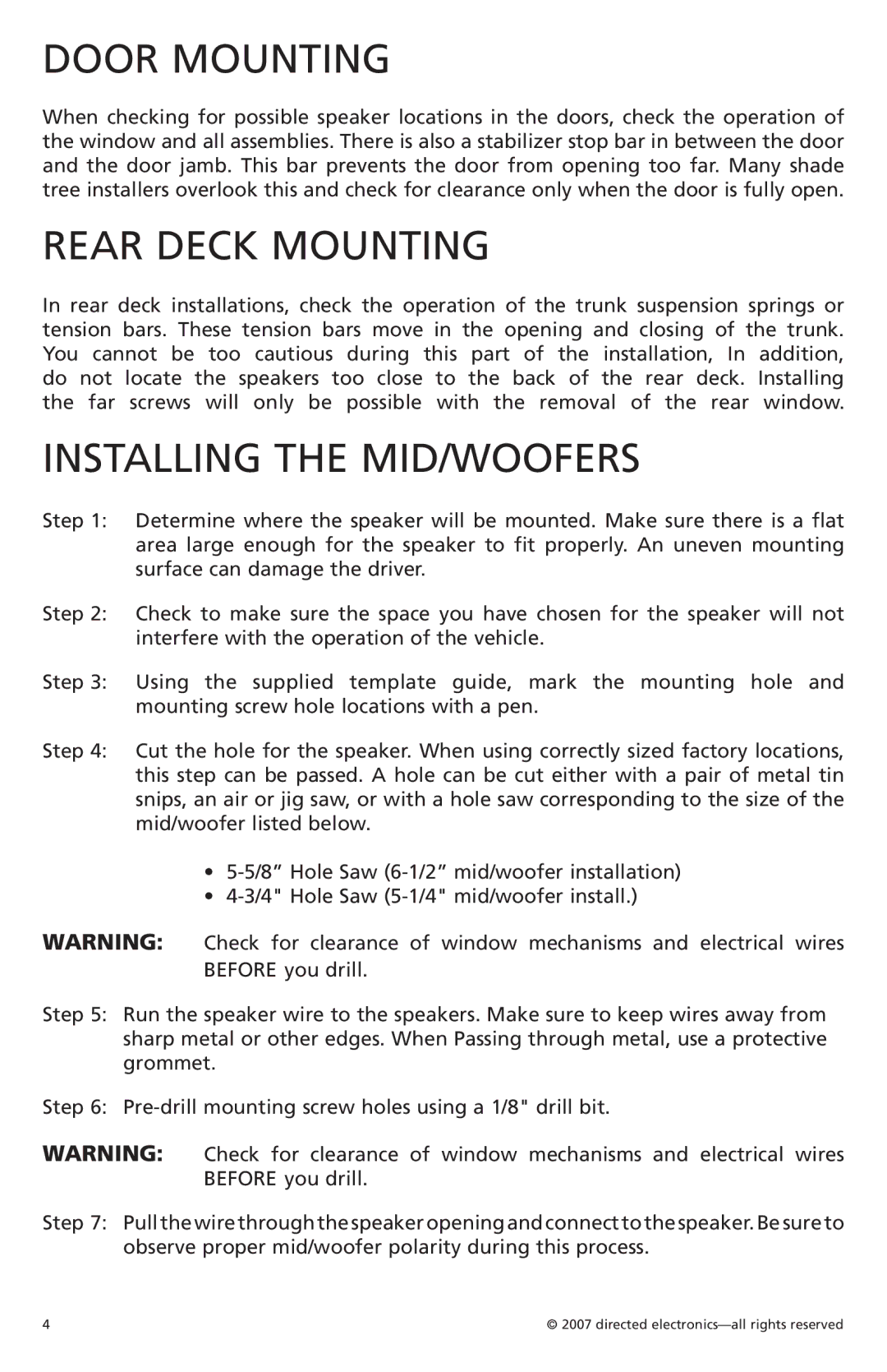 Orion HCCA 5.2, HCCA 6.2 manual Door Mounting, Rear Deck Mounting, Installing the MID/WOOFERS 