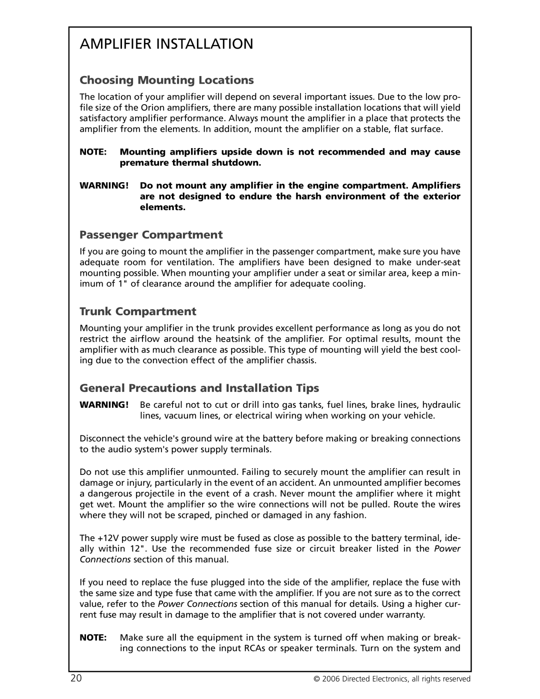 Orion HP-2600, HP-4600 Amplifier Installation, Choosing Mounting Locations, Passenger Compartment, Trunk Compartment 