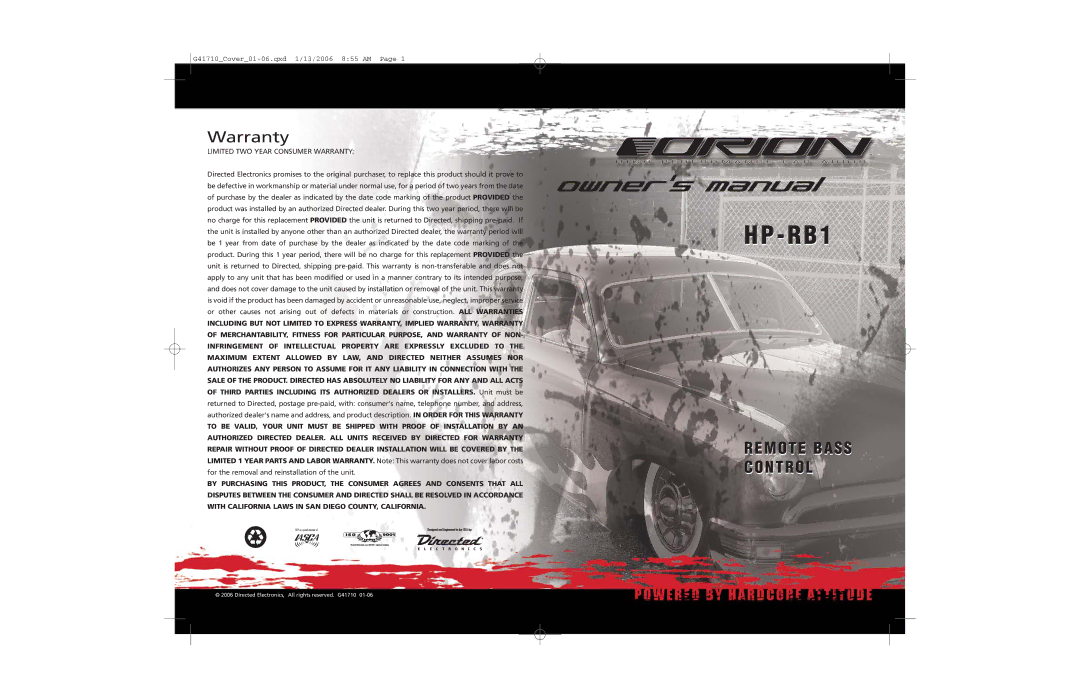 Orion HP-RB1 warranty HHPP--RRBB11 