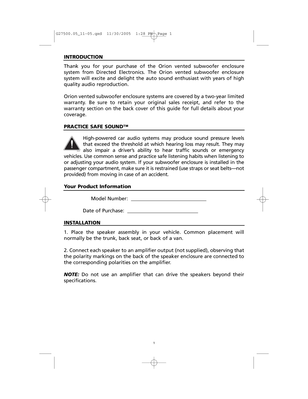 Orion HPD2 manual Introduction, Practice Safe Sound, Installation 