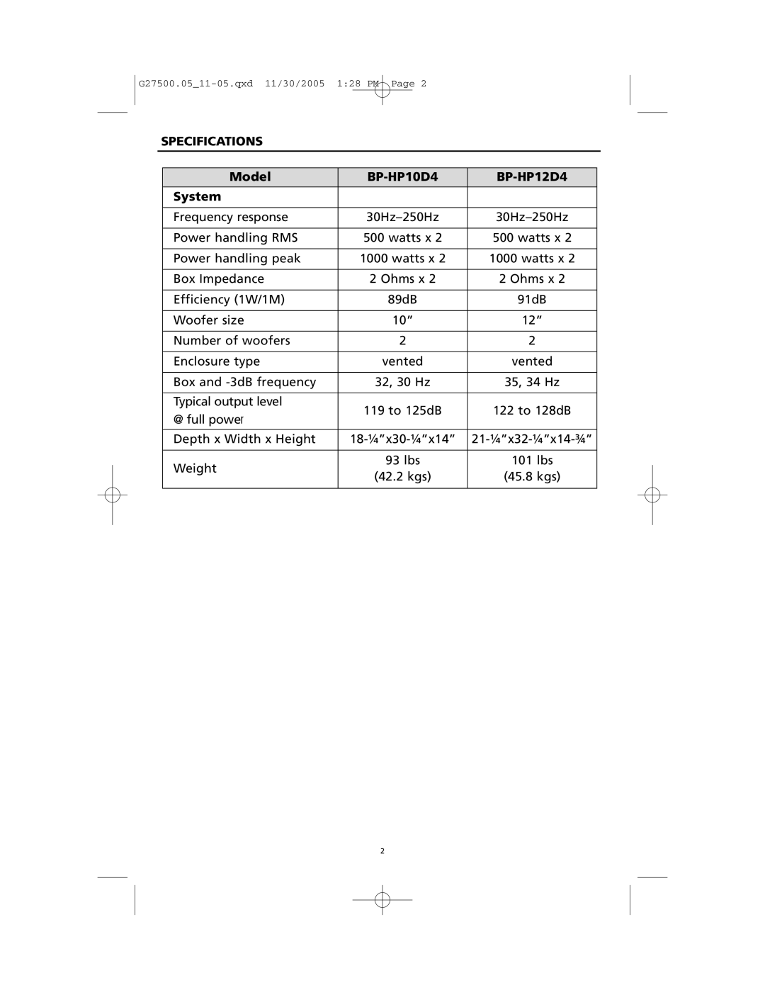 Orion HPD2 manual Specifications, Model BP-HP10D4 BP-HP12D4 System 