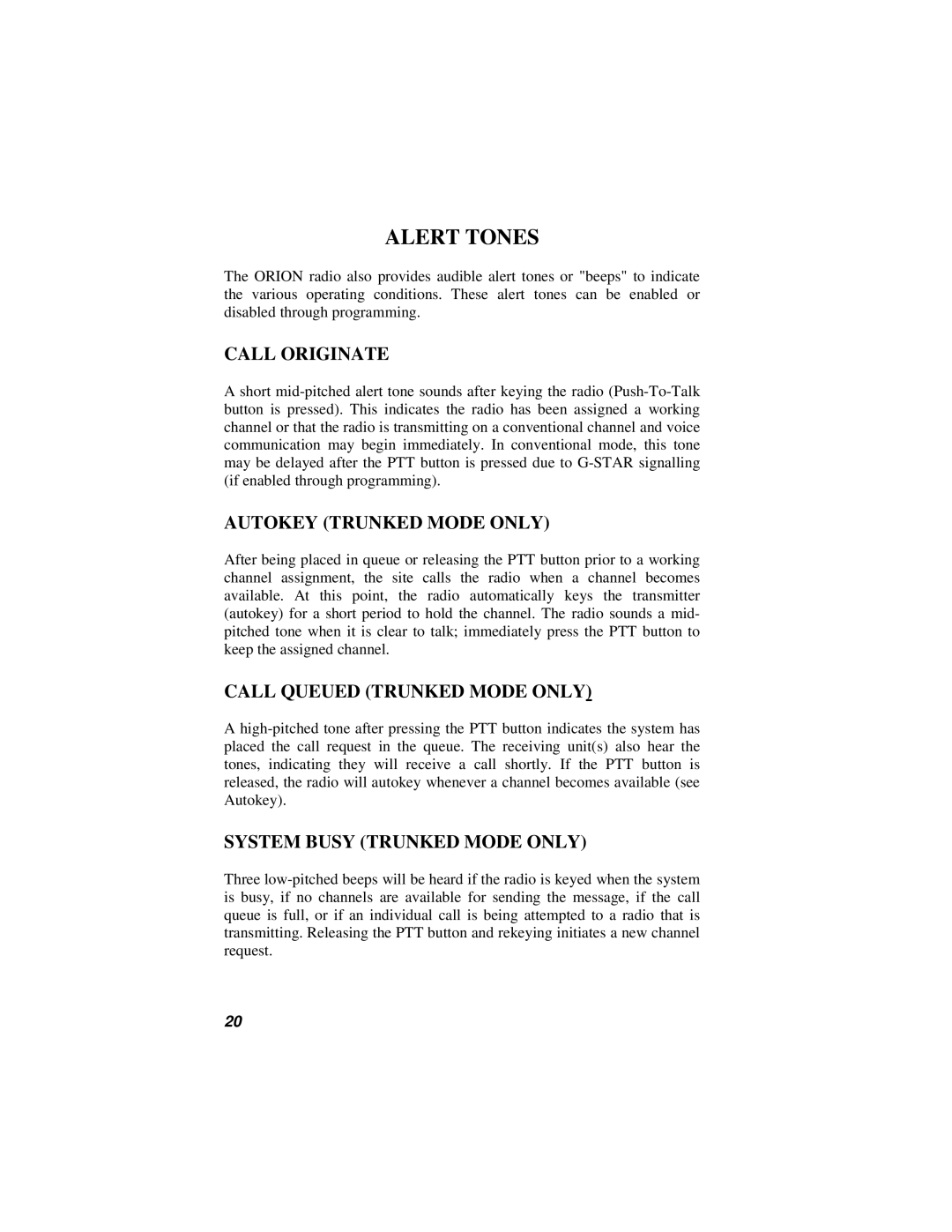 Orion LBI-38888K manual Alert Tones, Call Originate, Autokey Trunked Mode only, Call Queued Trunked Mode only 