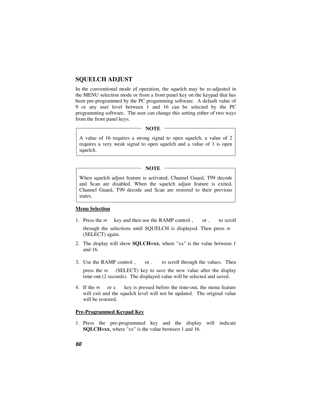 Orion LBI-38888K manual Squelch Adjust, Menu Selection 