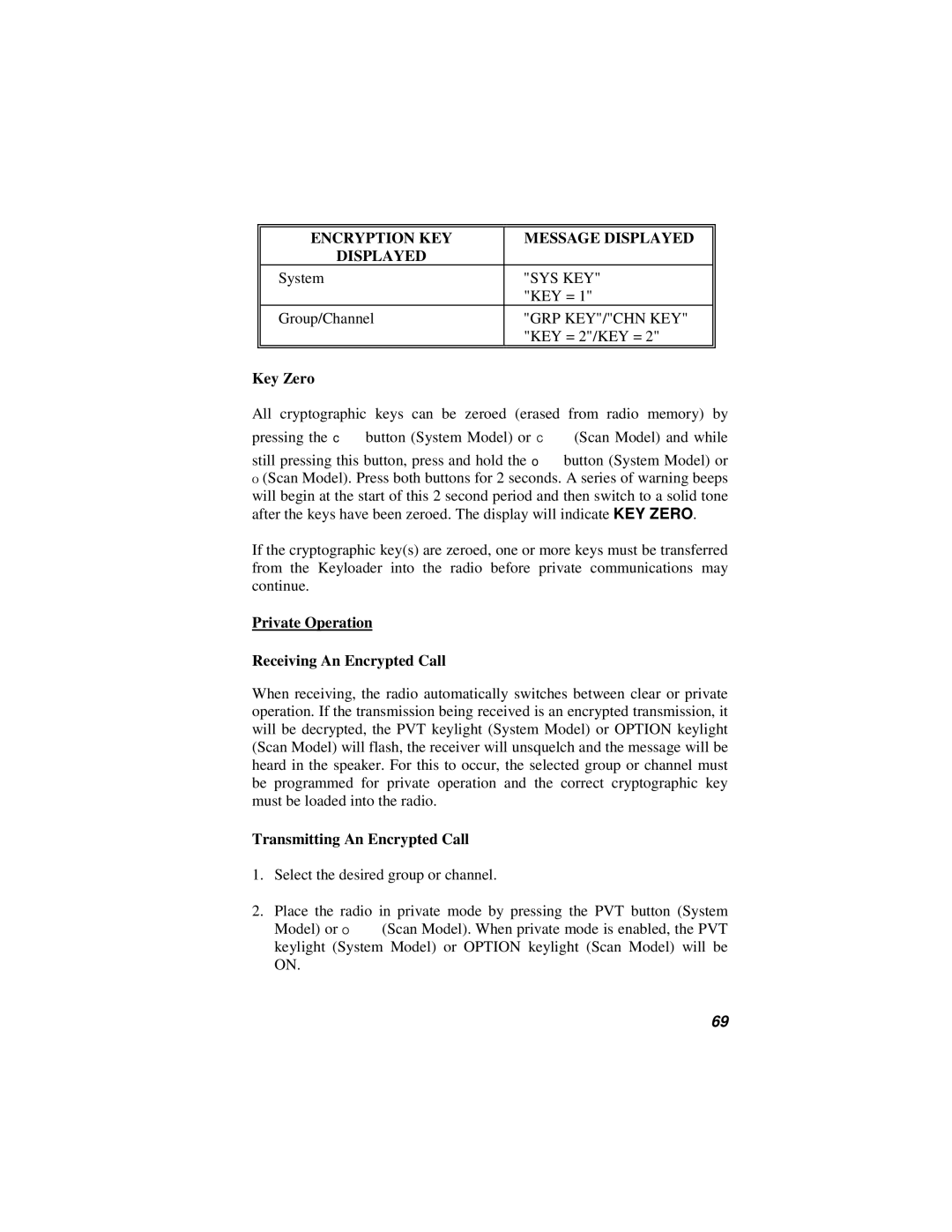 Orion LBI-38888K manual Key Zero, Private Operation Receiving An Encrypted Call, Transmitting An Encrypted Call 