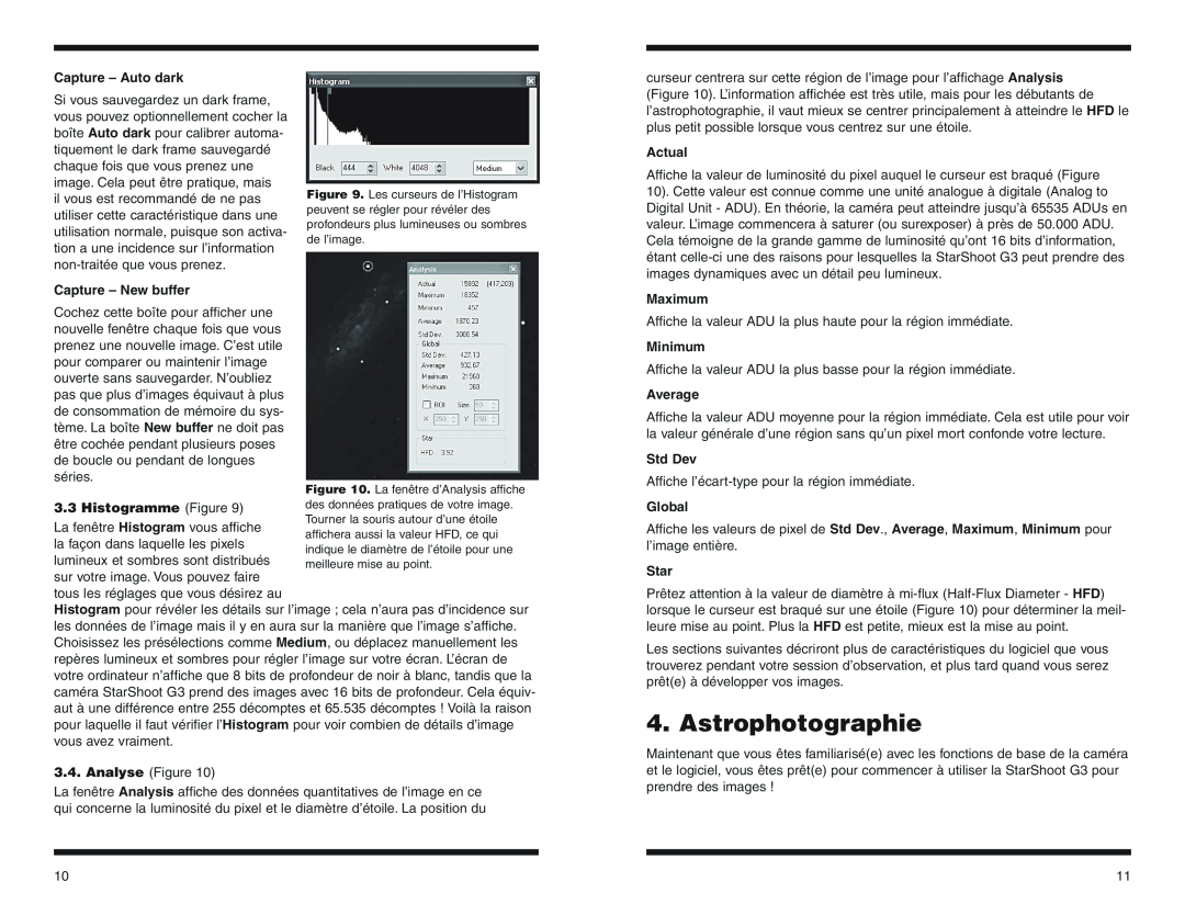 Orion N53082 Astrophotographie, Capture - Auto dark, Capture - New buffer, Histogramme Figure, Actual, Maximum, Minimum 
