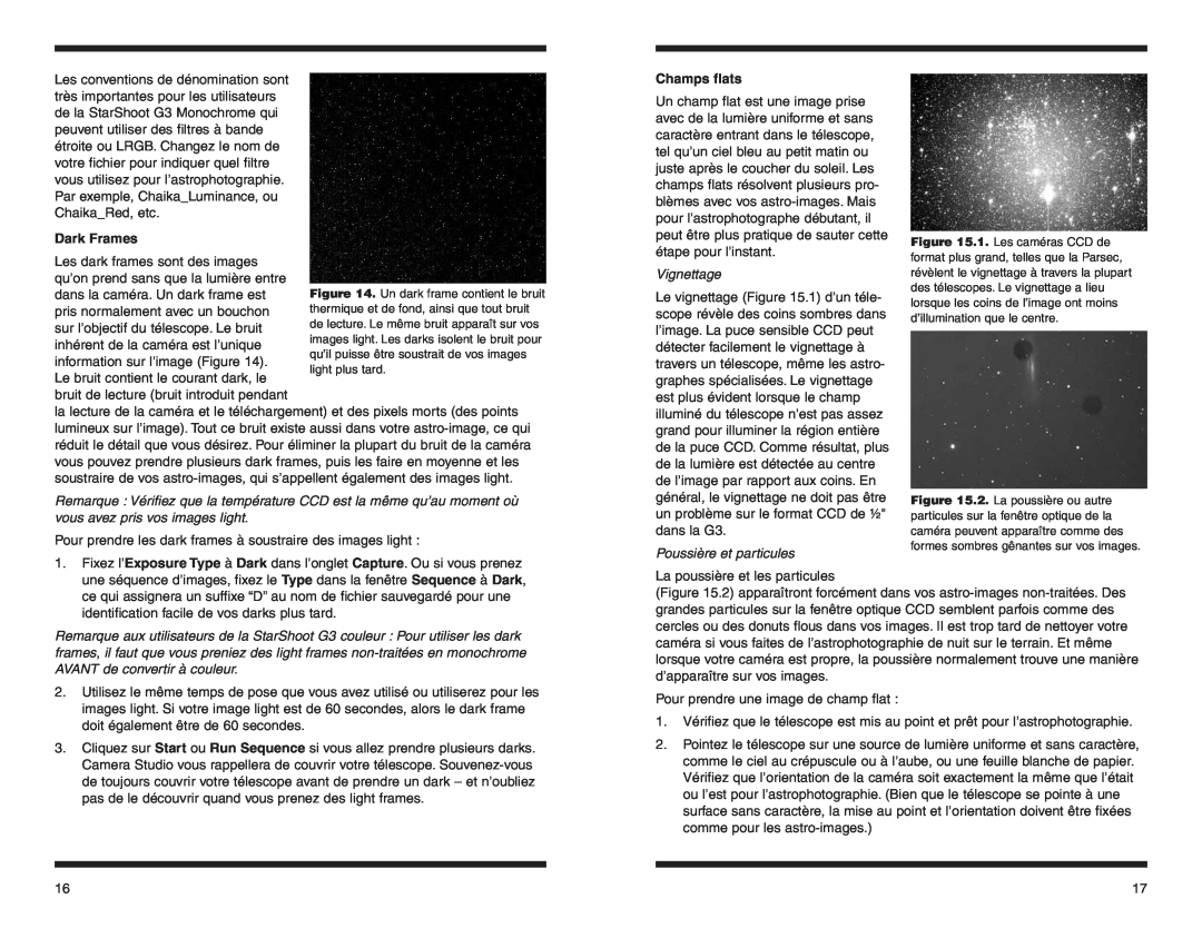 Orion N53083, N53082 manual Dark Frames, Champs flats, Vignettage, Poussière et particules 