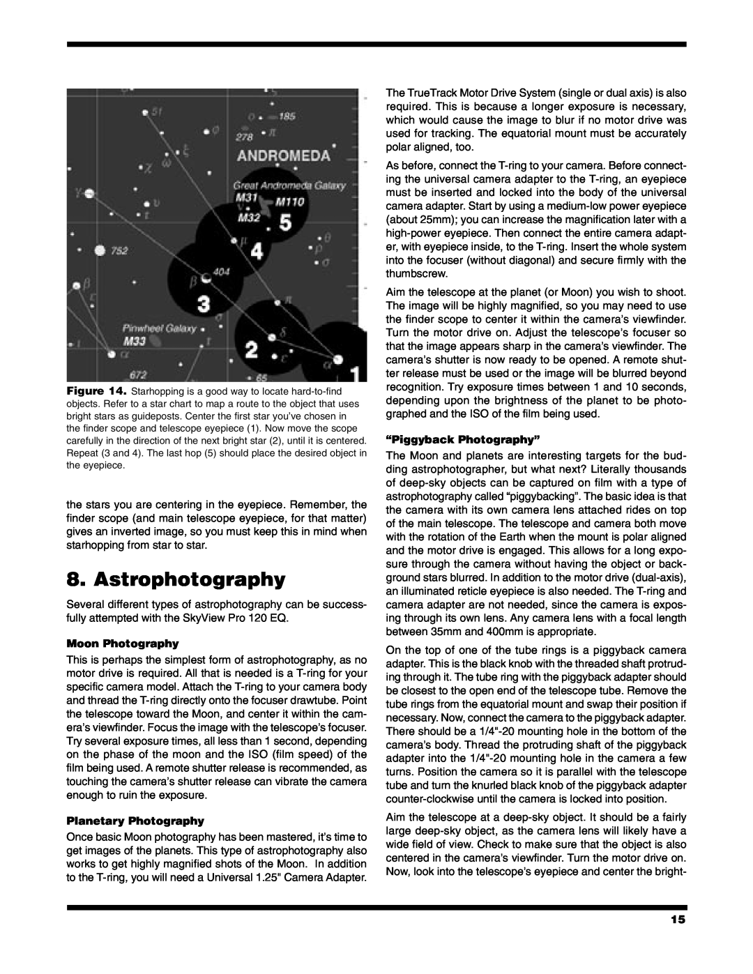 Orion PRO 120 EQ instruction manual Astrophotography, Moon Photography, Planetary Photography, “Piggyback Photography” 