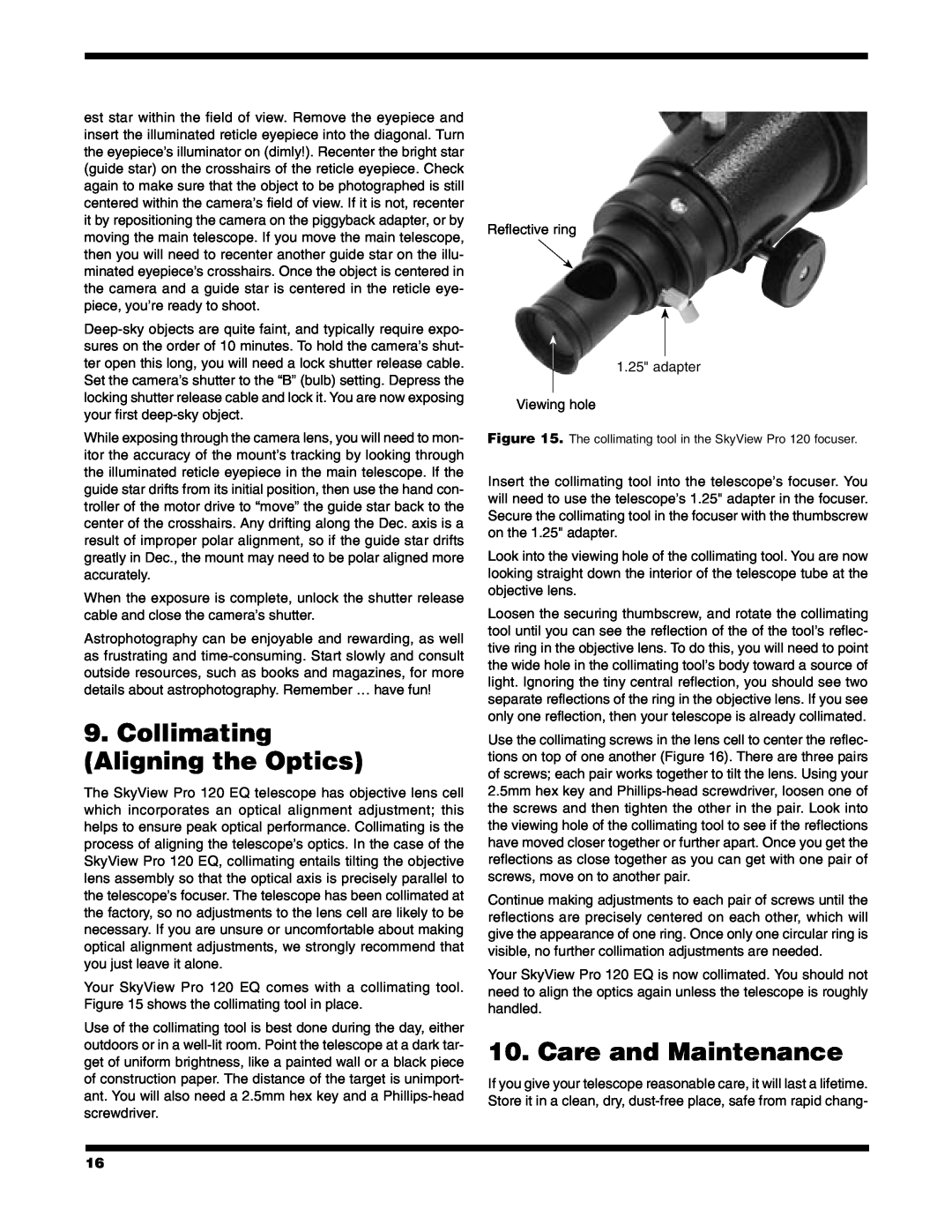 Orion PRO 120 EQ instruction manual Collimating Aligning the Optics, Care and Maintenance 