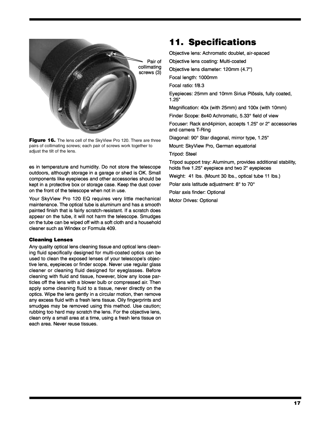 Orion PRO 120 EQ instruction manual Specifications, Cleaning Lenses 