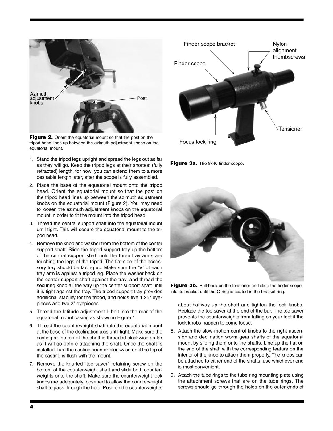 Orion PRO 120 EQ instruction manual Finder scope bracket, Nylon, alignment, thumbscrews, Tensioner Focus lock ring 