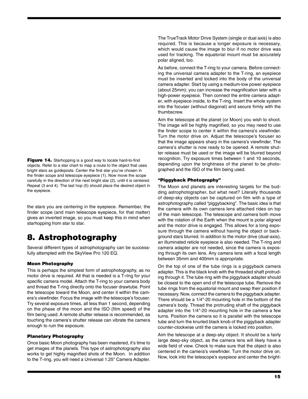 Orion PRO 120 EQ instruction manual Astrophotography, Moon Photography, Planetary Photography, Piggyback Photography 