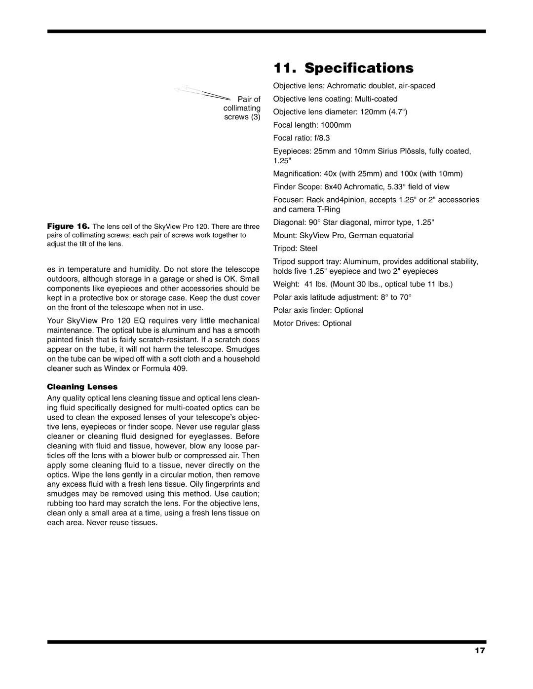 Orion PRO 120 EQ instruction manual Specifications, Cleaning Lenses 