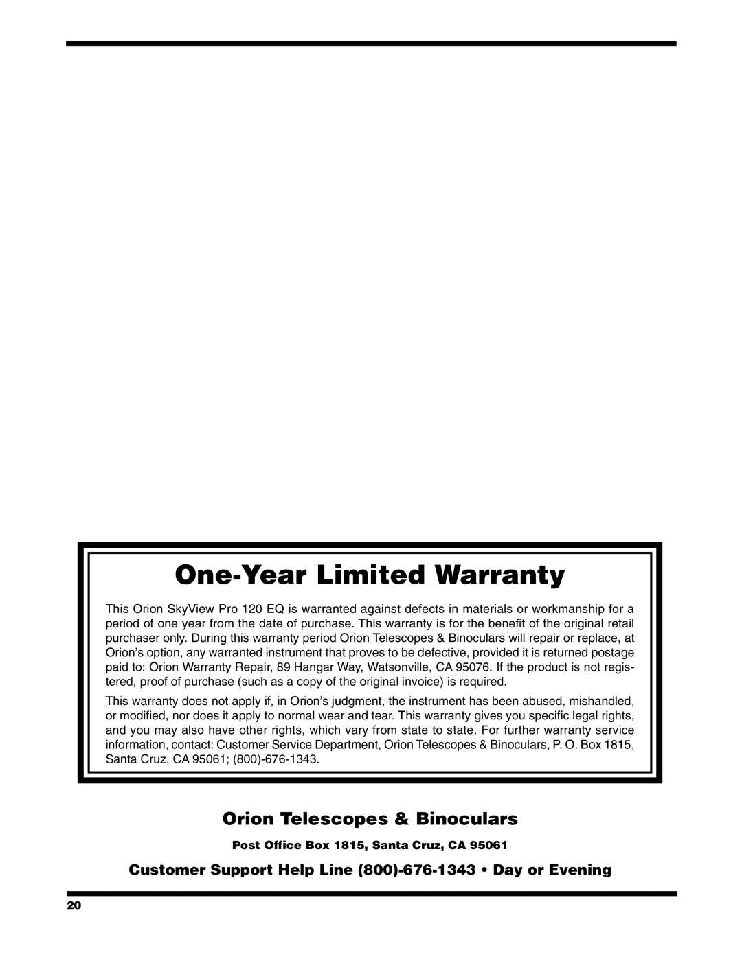 Orion PRO 120 EQ instruction manual One-Year Limited Warranty 