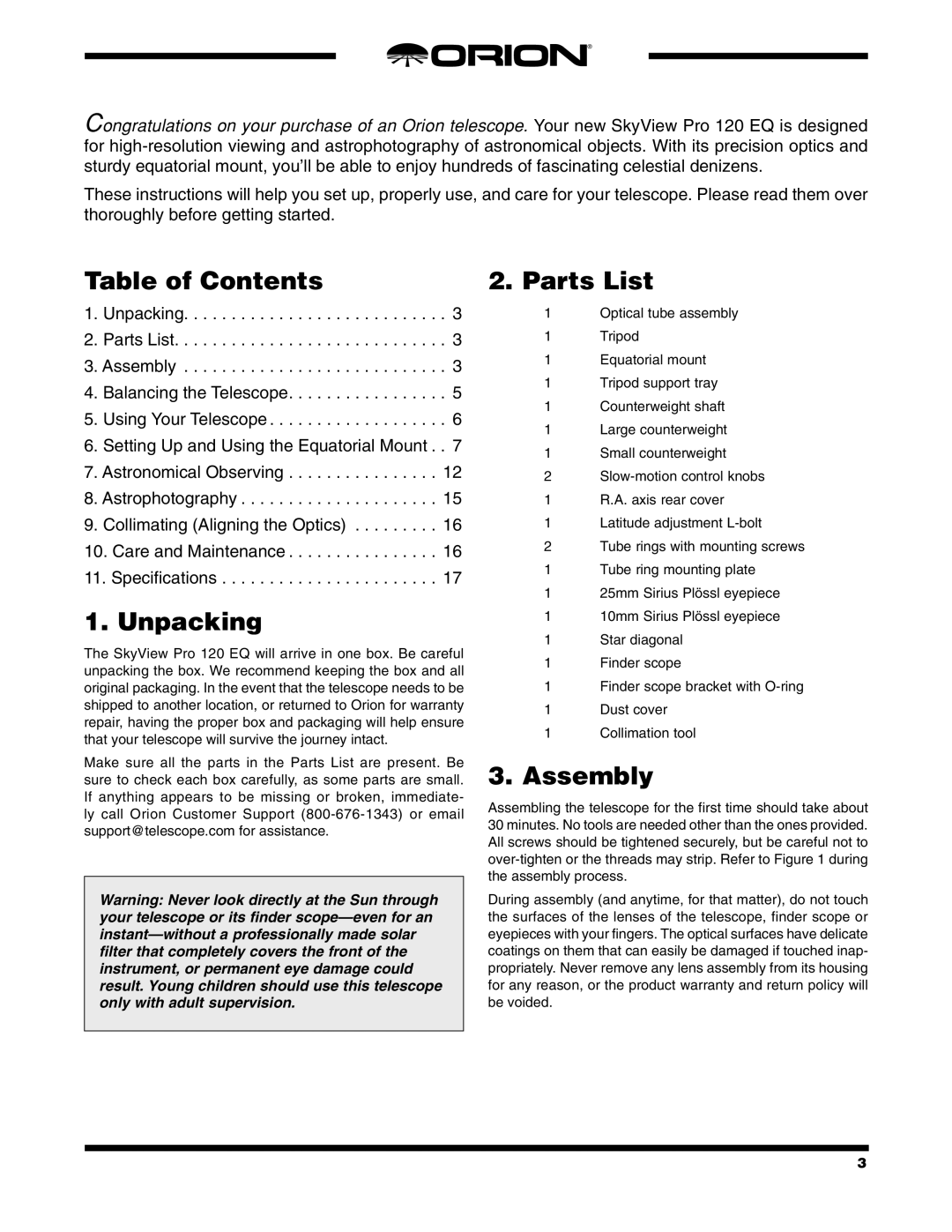 Orion PRO 120 EQ instruction manual Table of Contents, Unpacking, Parts List, Assembly 