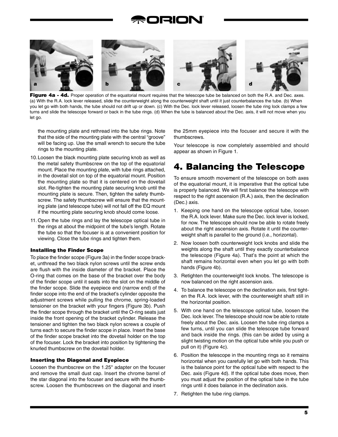 Orion PRO 120 EQ Balancing the Telescope, Installing the Finder Scope, Inserting the Diagonal and Eyepiece 