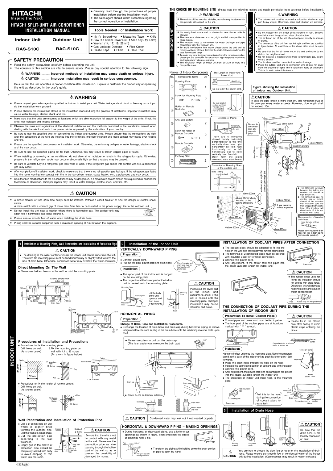 Orion RAC-S10C installation manual Installation Manual, Installation of the Indoor Unit, Installation of Drain Hose 