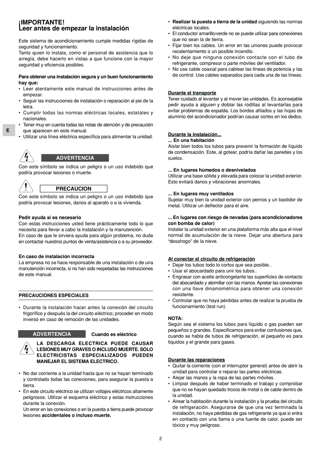 Orion SAP-UR94EH, TRUE, SAP-CR94EH, SAP-UR184EH Leer antes de empezar la instalación, Precauciones Especiales, Nota 