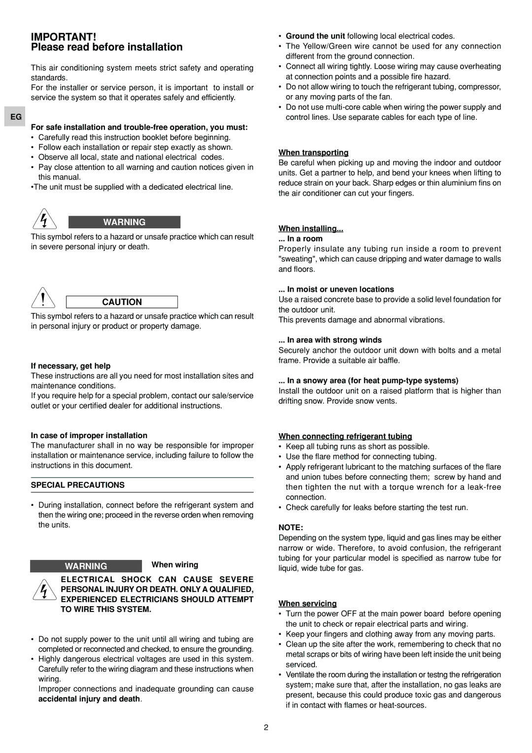 Orion SAP-CR94EH, SAP-UR94EH, TRUE, SAP-UR184EH, SAP-CR184EHA, SAP-UR124E Please read before installation, Special Precautions 