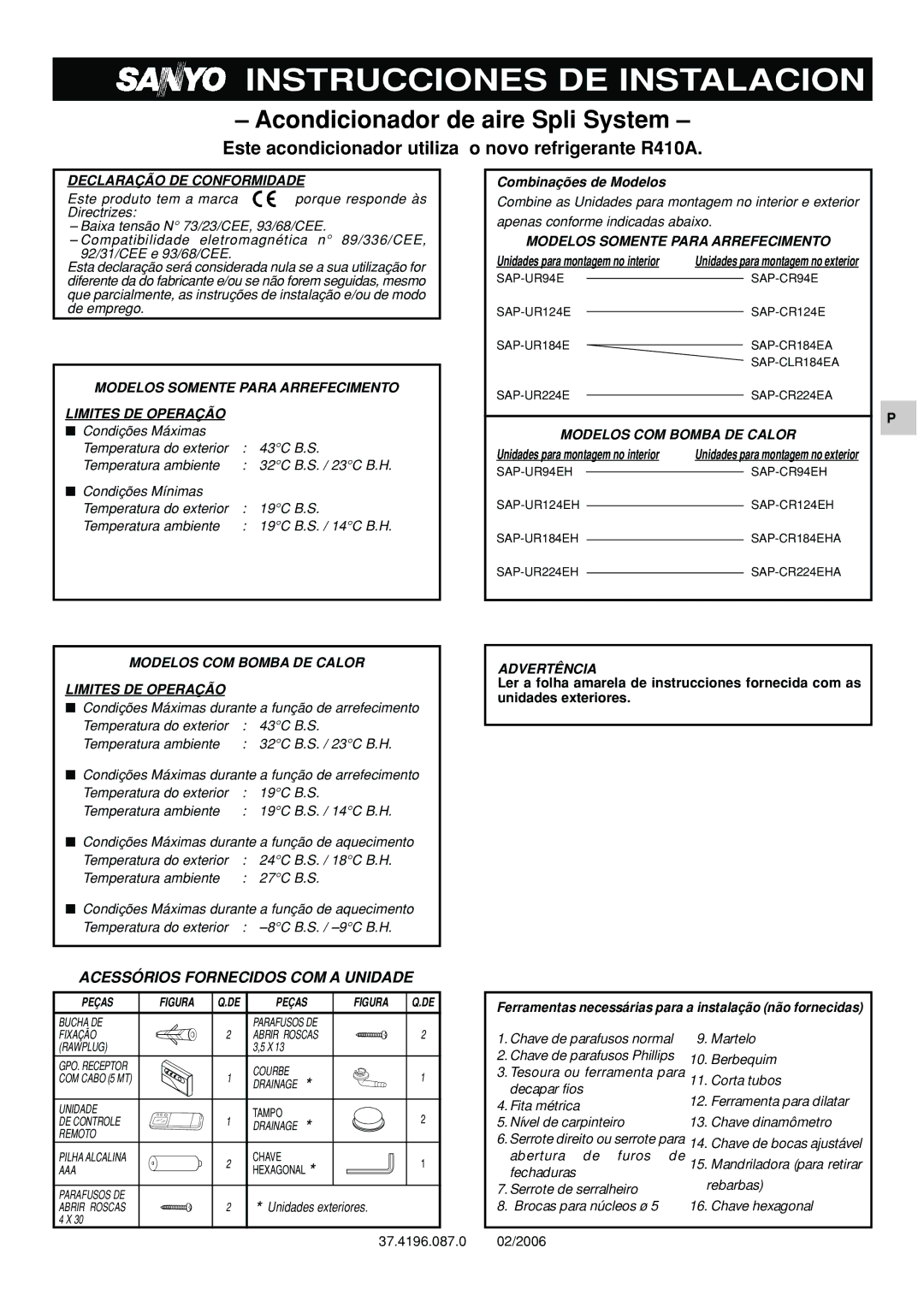 Orion SAP-CR184EA Este acondicionador utiliza o novo refrigerante R410A, Chave de parafusos normal, Abertura de furos de 