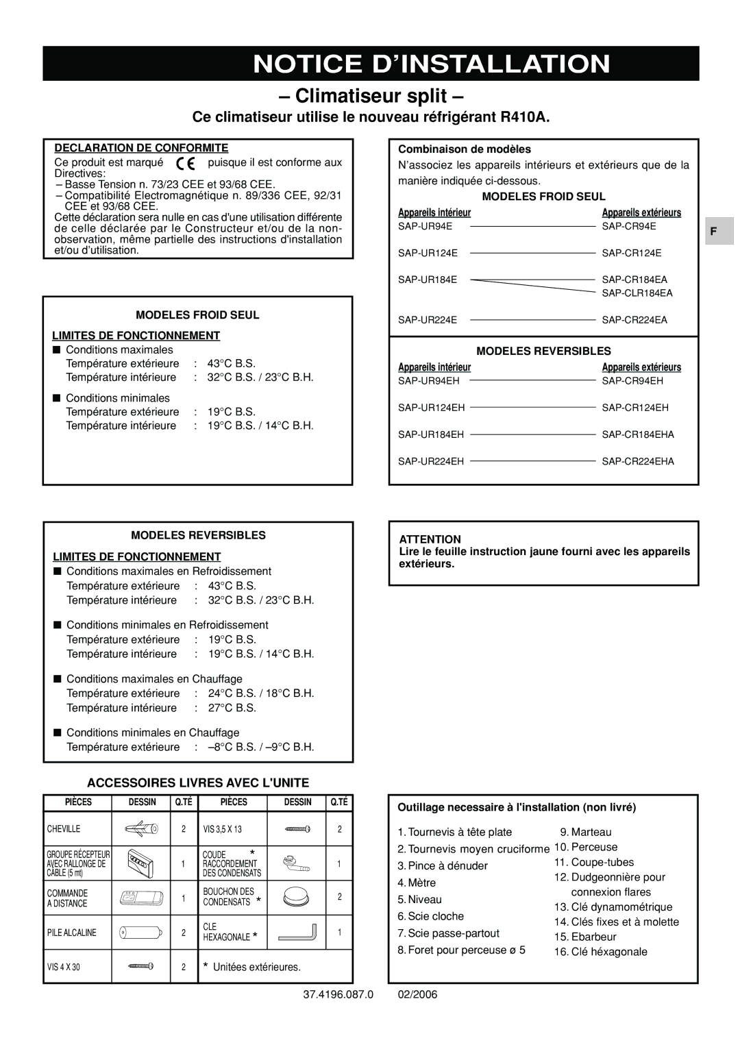 Orion SAP-UR94EH, TRUE, SAP-CR94EH, SAP-UR184EH, SAP-CR184EHA Ce climatiseur utilise le nouveau réfrigérant R410A 