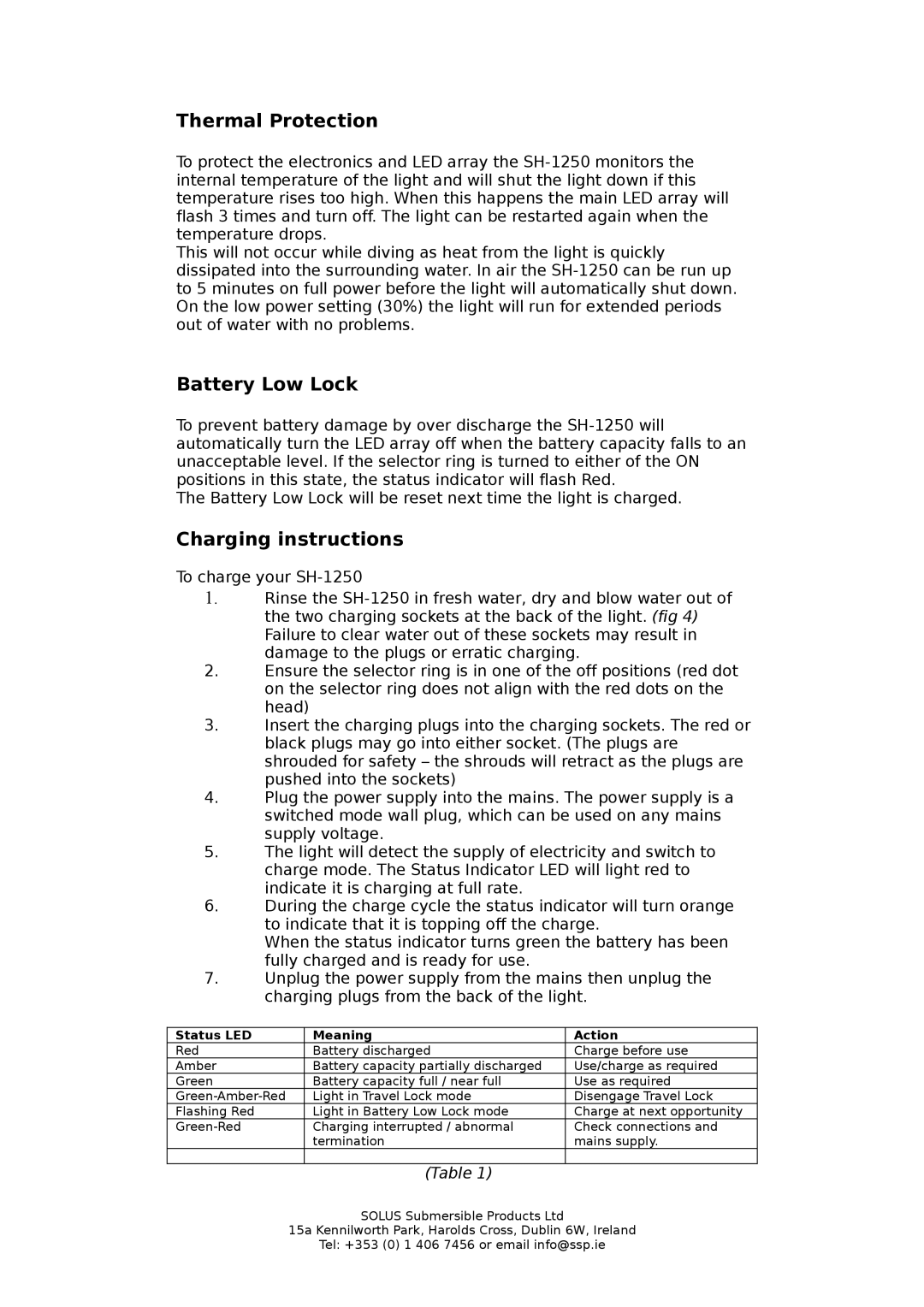 Orion SH-1250 manual Thermal Protection, Battery Low Lock, Charging instructions 