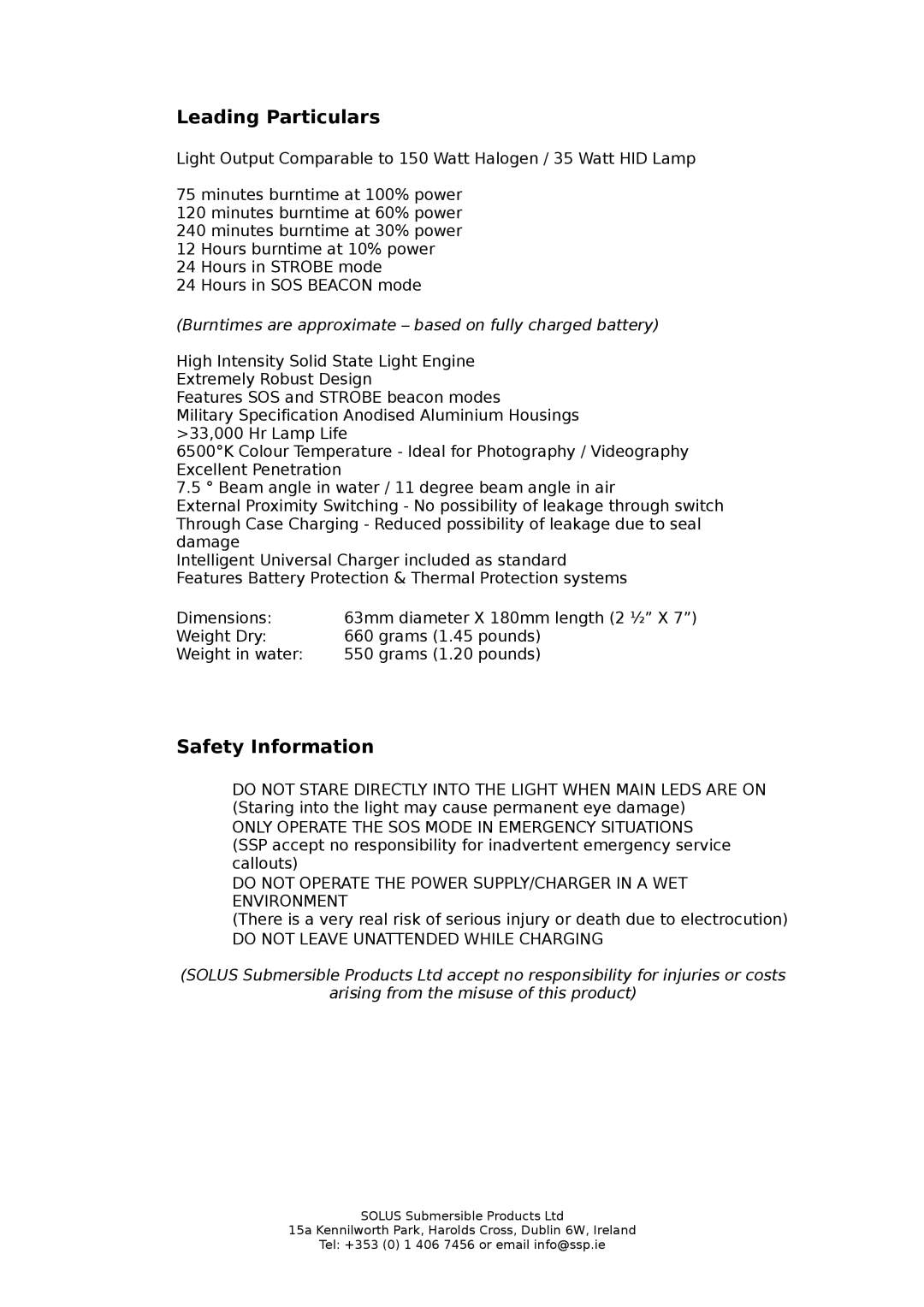 Orion SH-1250 manual Leading Particulars, Safety Information, Do not Leave Unattended While Charging 