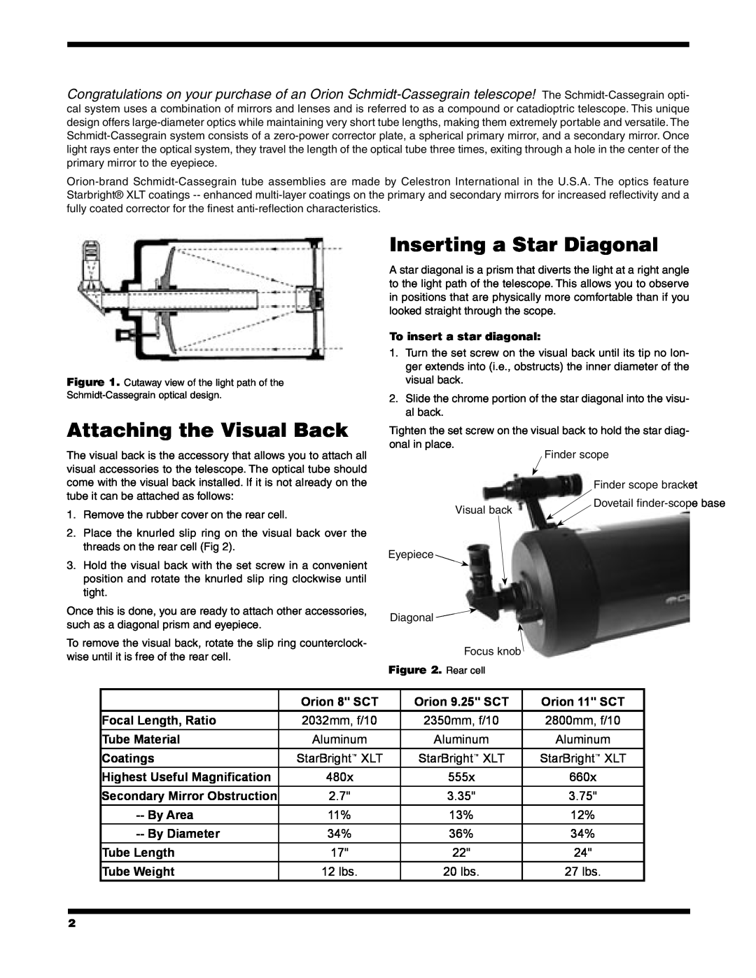 Orion Telescope instruction manual Unpacking Your Scope, Attaching the Visual Back, Inserting a Star Diagonal 