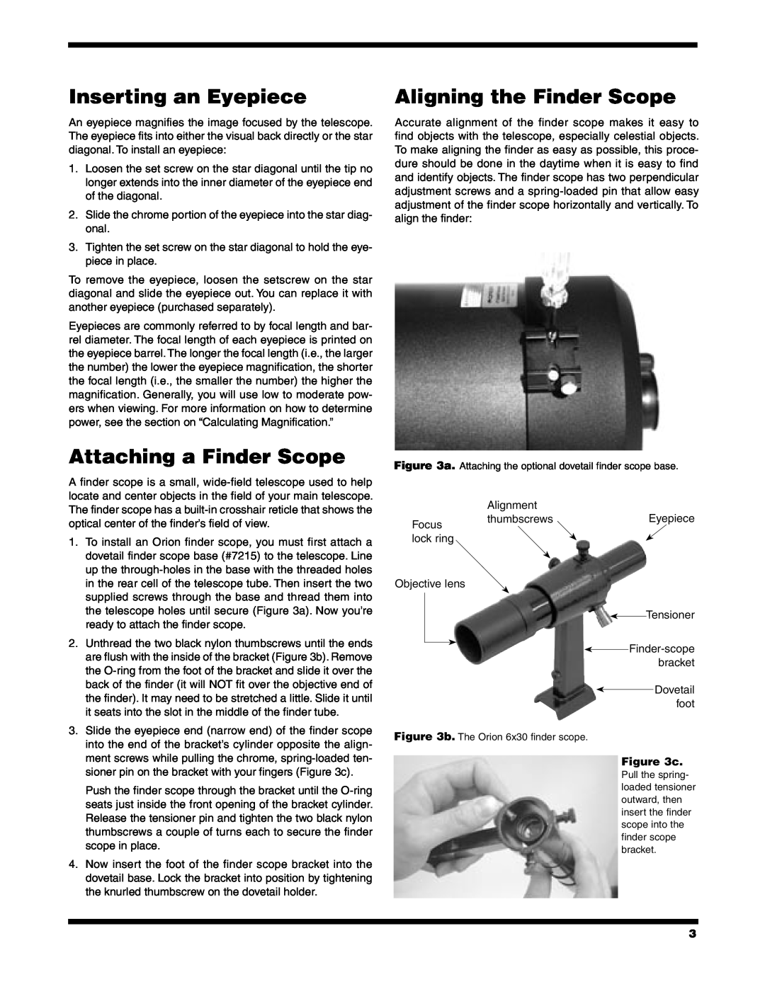 Orion Telescope instruction manual Inserting an Eyepiece, Attaching a Finder Scope, Aligning the Finder Scope 